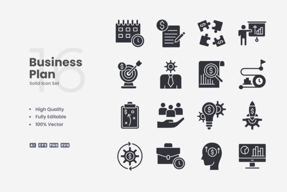 Business Plan Solid Icons: Clean, Versatile, and Professional