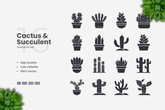 Cactus and Succulent Solid Icons for Modern Design Projects