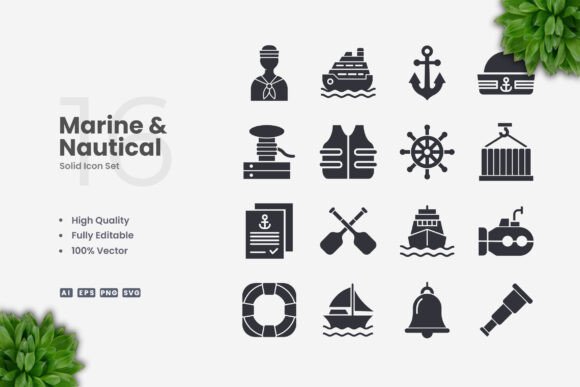 Marine and Nautical Solid Icons for Professional Design Projects